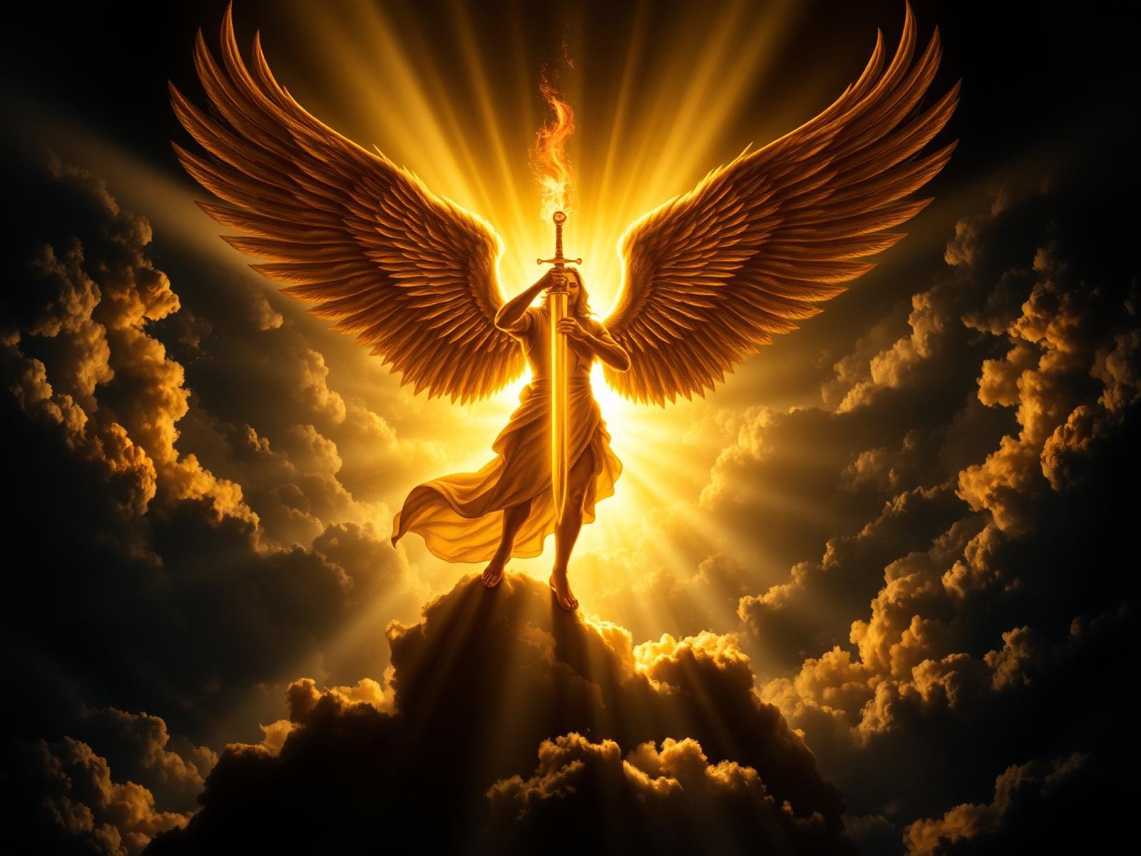 Archangel Michael standing in the clouds with his flaming sword raised