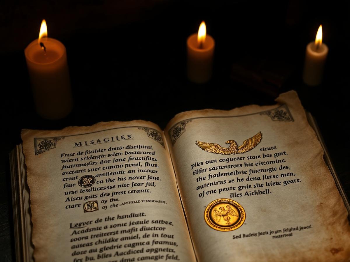 An open medieval manuscript lit by candles, showing the sacred chant of Archangel Michael